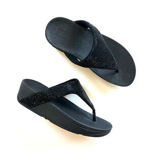 Fitflop Black Lulu Crystal Studded Shimmer Toe-Post Thong Sandals